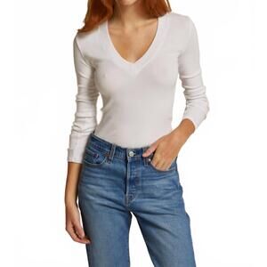 NEW PERFECTWHITETEE viola v- neck rib long sleeve top in white